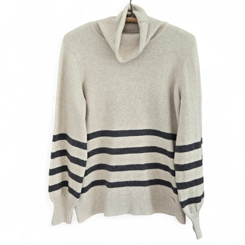 Michael Kors Womens Striped Wool-Blend Cowl Neck Tunic Sweater Beige/Black M